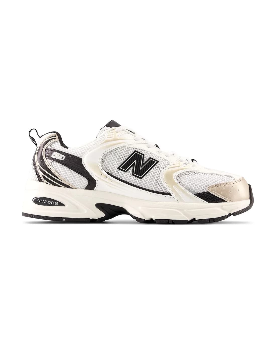 New Balance 530 branco e preto, sola creme