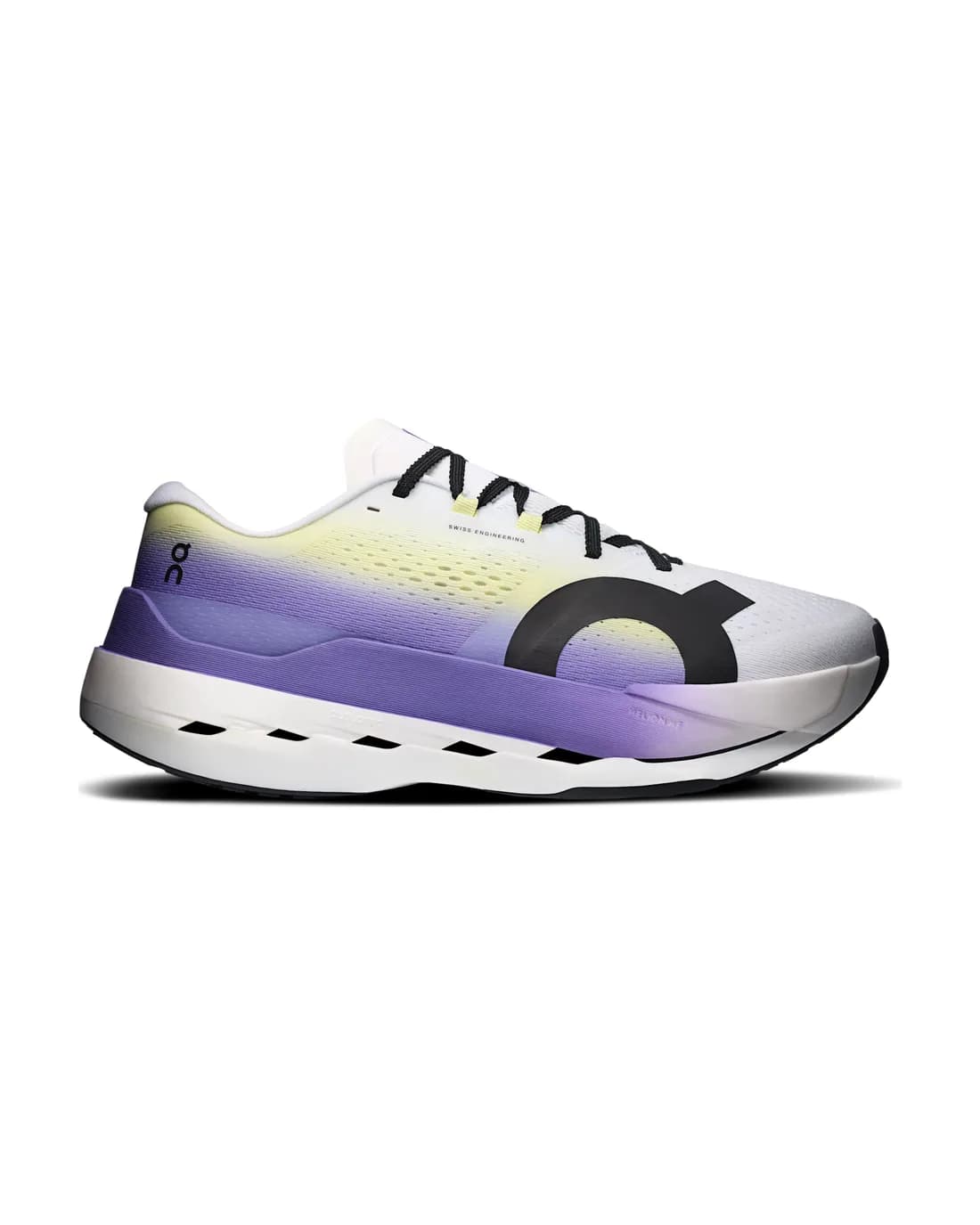 On Cloudboom Max branco, amarelo e roxo
